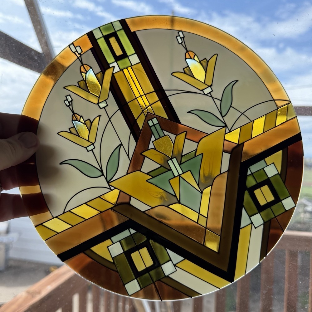 Vtg Mission Style Stained Glass Suncatcher Window Panel Cottagecore Geometric